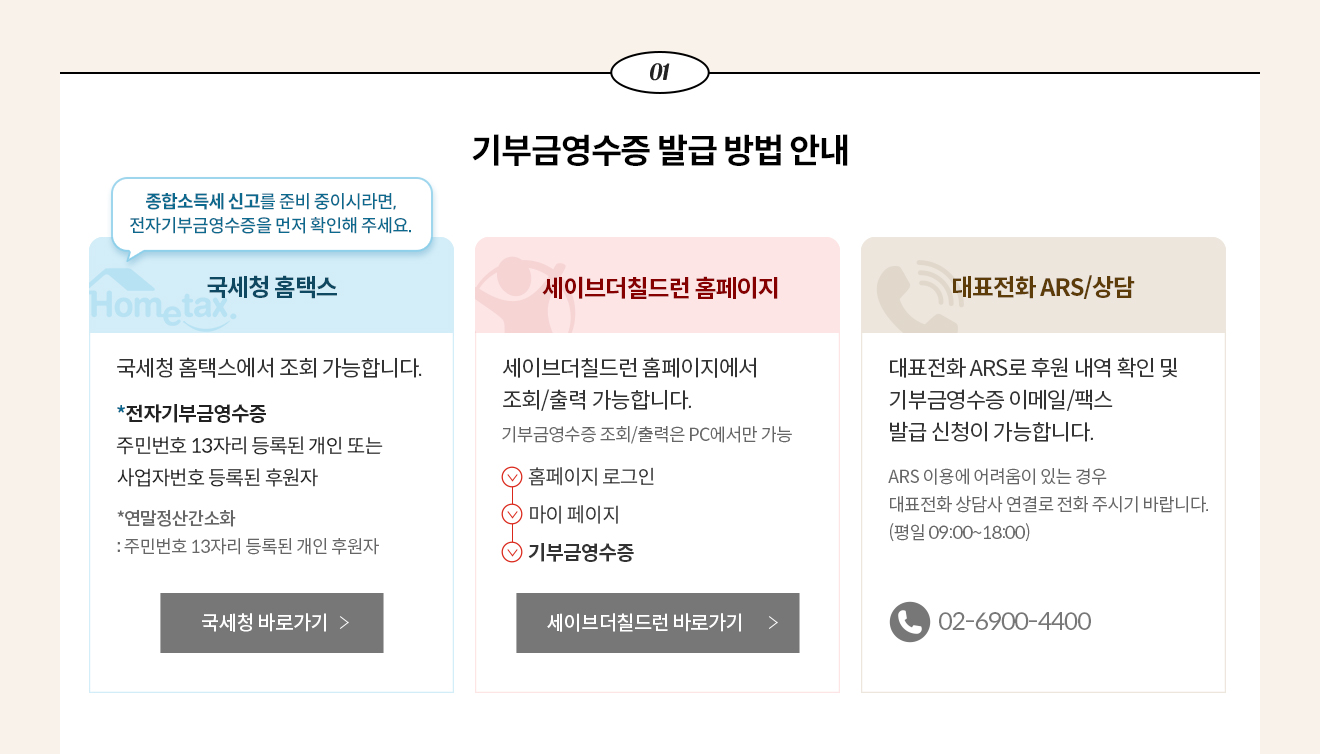 1.기부금영수증 발급 방법 안내 / 종합소득세 신고를 준비 중이시라면, 전자기부금영수증을 먼저 확인해 주세요. / 국세청 홈택스 - 국세청 홈택스에서 조회 가능합니다. *전자기부금영수증 주민번호 13자리 등록된 개인 또는 사업자번호 등록된 후원자 *연말정산간소화 : 주민번호 13자리 등록된 개인 후원자 / 세이브더칠드런 홈페이지 - 세이브더칠드런 홈페이지에서 조회/출력 가능합니다. 기부금영수증 조회/출력은 PC에서만 가능 1.홈페이지 로그인 2.마이 페이지 3.기부금영수증 / 대표전화 ARS/상담 - 대표전화 ARS로 후원 내역 확인 및 기부금영수증 이메일/팩스 발급 신청이 가능합니다. ARS 이용에 어려움이 있는 경우 대표전화 상담사 연결로 전화 주시기 바랍니다. (평일 09:00~18:00) 02-6900-4400