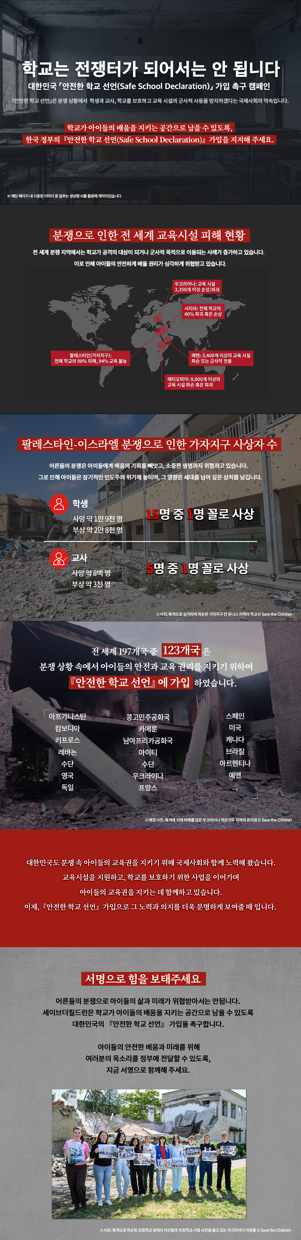 학교는 전쟁터가 되어서는 안 됩니다.   대한민국 [안전한 학교 선언(safe school declaration] 가입 촉구 캠페인 안전한 학교 선언은 분쟁 상황에서 학생과 교사, 학교를 보호하고 교육 시설의 군사적 사용을 방지하겠다는 국제사회의 약속입니다.  학교가 아이들의 배움을 지키는 공간으로 남을 수 있도록, 한국 정부의 [안전한 학교 선언(safe school declaration)] 가입을 지지해 주세요.  *해당 페이지 내 사용된 이미지 중 일부는 생성형 AI를 활용해 제작되었습니다.  분쟁으로 인한 전 세계 교육시설 피해 현황 전 세계 분쟁 지역에서는 학교가 공격의 대상이 되거나 군사적 목적으로 이용되는 사례가 증가하고 있습니다. 이로 인해 아이들의 안전하게 배울 권리가 심각하게 위협받고 있습니다.  팔레스타인(가자지구): 전체 학교의 98% 피해, 94% 교육 불능 우크라이나: 교육 시설 3,350개 이상 손상/파괴  시리아: 전체 학교의 40% 파괴 혹은 손상  예멘: 3,400개 이상의 교육 시설 파손 또는 군사적 전용 에티오피아: 9,000개 이상의 교육 시설 파손 혹은 파괴   팔레스타인-이스라엘 분쟁으로 인한 가자지구 사상자 수 어른들의 분쟁은 아이들에게서 배움의 기회를 뺴앗고, 소중한 생명까지 위협하고 있습니다. 그로 인해 아이들은 장기적인 인도주의 위기에 놓이며, 그 영향은 세대를 넘어 깊은 상처를 남깁니다. 학생 사망 약 1만 9천명 부상 약 2만 8천 명, 15명 중 1명 꼴로 사상 교사 사망 약 8백 명 부상 약 3천 명, 명 중 1명 꼴로 사상  *사진: 폭격으로 심각하게 파손된 가자지구 칸 유니스 지역의 학교 &copy; Save the Children   전 세계 197개국 중 123개국은 분쟁 상황 속에서 아이들의 안전과 교육 권리를 지키기 위하여 『안전한 학교 선언』에 가입하였습니다.  아프가니스탄, 캄보디어, 키프로스, 레바논, 수단, 영국, 독일, 콩고민주공화국, 카메룬, 남아프리카공화국, 아이티, 수단, 우크라이나, 프랑스, 스페인, 미국, 캐나다, 브라질, 아르헨티나, 예멘 &hellip;  *배경사진: 폭격에 의해 피해를 입은 우크라이나 하르키우 지역의 유치원 &copy; Save the Children   대한민국도 분쟁 속 아이들의 교육권을 지키기 위해 국제사회와 함께 노력해 왔습니다. 교육시설을 지원하고, 학교를 보호하기 위한 사업을 이어가며, 아이들의 교육권을 지키는 데 함께하고 있습니다. 이제,『안전한 학교 선언』가입으로 그 노력과 의지를 더욱 분명하게 보여줄 때 입니다.  서명으로 힘을 보태주세요.  어른들의 분쟁으로 아이들의 삶과 미래가 위협받아서는 안됩니다. 세이브더칠드런은 학교가 아이들의 배움을 지키는 공간으로 남을 수 있도록 대한민국의 안정한 학교 선언 가입을 촉구 합니다.  아이들의 안전한 배움과 미래를 위해 여러분의 목소리를 정부에 전달할 수 있도록, 지금 서명으로 함께해 주세요.  *사진: 폭격으로 파손된 초등학교 앞에서 자신들의 초등학교 시절 사진을 들고 있는 우크라이나 아동들 &copy; Save the Children 