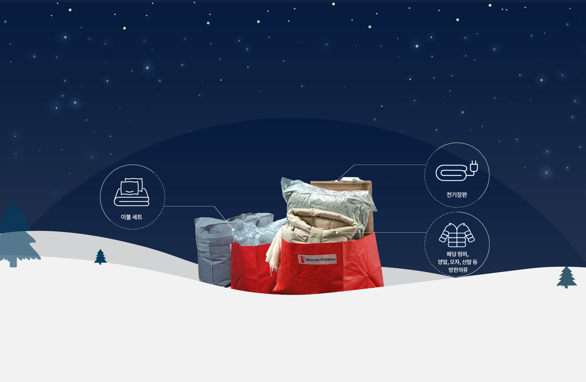 이불 세트, 전기장판, 패딩점퍼, 양말, 모자, 신발 등 방한의류