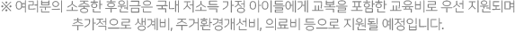 ※ 여러분의 소중한 후원금은 국내 저소득 가정 아이들에게 교복을 포함한 교육비로 우선 지원되며	추가적으로 생계비, 주거환경개선비, 의료비 등으로 지원될 예정입니다.