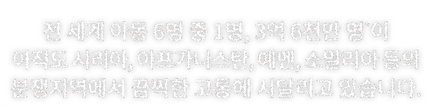 전 세계 아동 6명 중 1명, 3억 6천만 명*이 아직도 시리아, 아프가니스탄, 예멘, 소말리아 등의 분쟁지역에서 끔찍한 고통에 시달리고 있습니다.