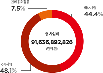 2022 사업비 지출현황. 국내사업 44.4%, 국제사업 48.1%, 권리옹호활동 7.5%