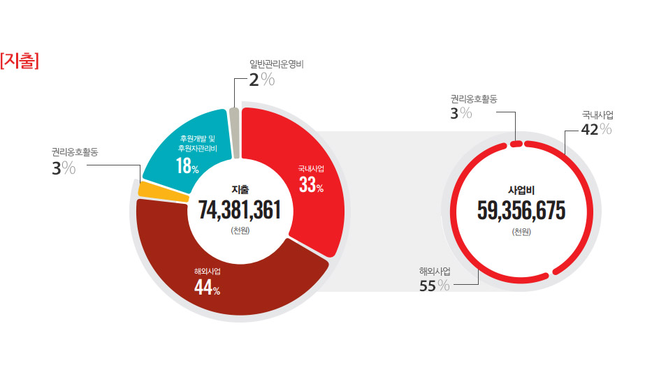 지출 : 74,381,361,000원(해외사업:44%, 국내사업:33%, 후원개발 및 후원자 관리비:18%, 권리옹호활동:3%, 일반관리운영비:2%), 사업비 : 59,356,675,000원(해외사업:55% , 국내사업:42%, 권리옹호활동:3%)