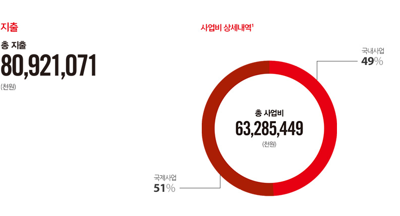 지출 - 총 지출 : 80,921,071 (천원) / 사업비 상세내역¹ - 총 사업비 : 63,258,449 (천원) / 국내사업 : 49%, 국제사업 : 51%